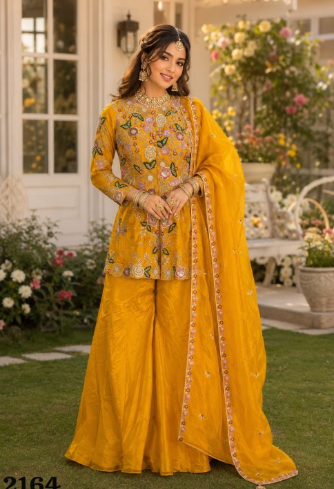 Embroidered Work Faux Crepe Salwar Suit In Mustard Colour